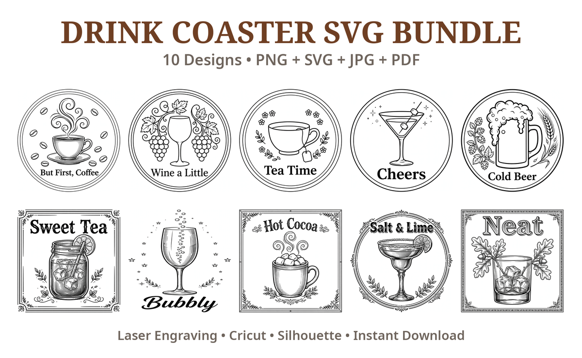 Drink Coaster SVG Bundle, 10 Beverage Cut Files