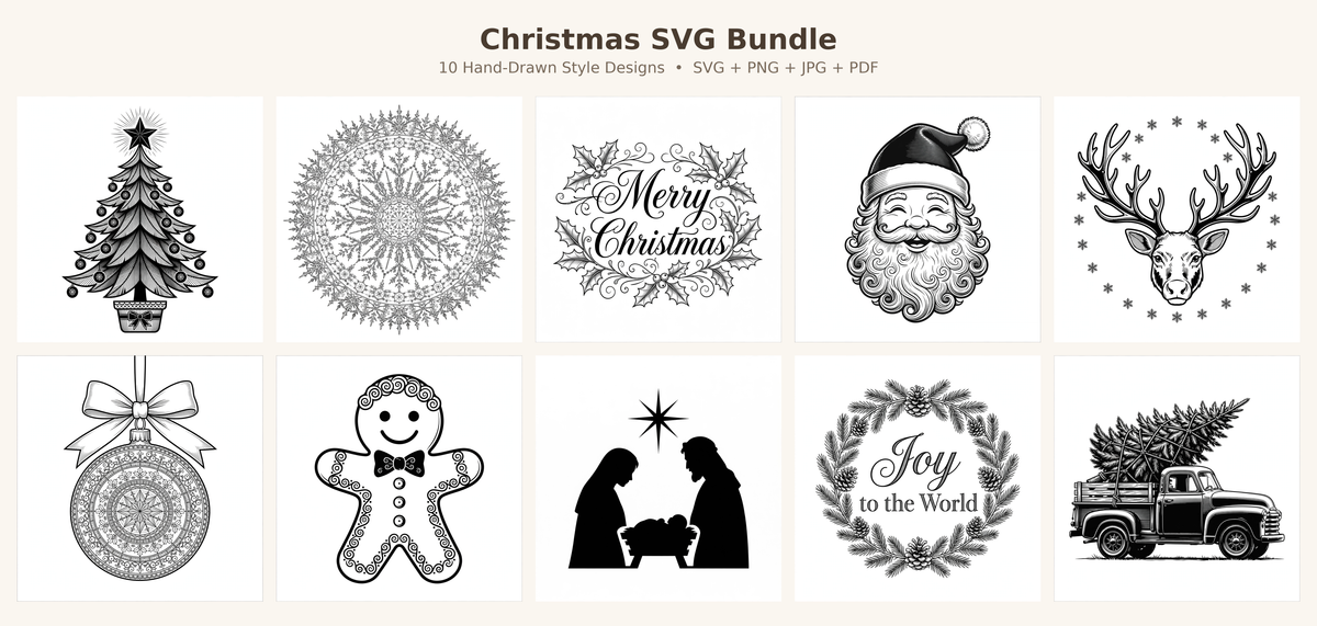 Christmas SVG Bundle, 10 Holiday Cut Files