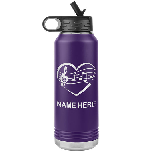 Custom Music Note Water Bottle: Laser Etched 32oz Flip Top Gift