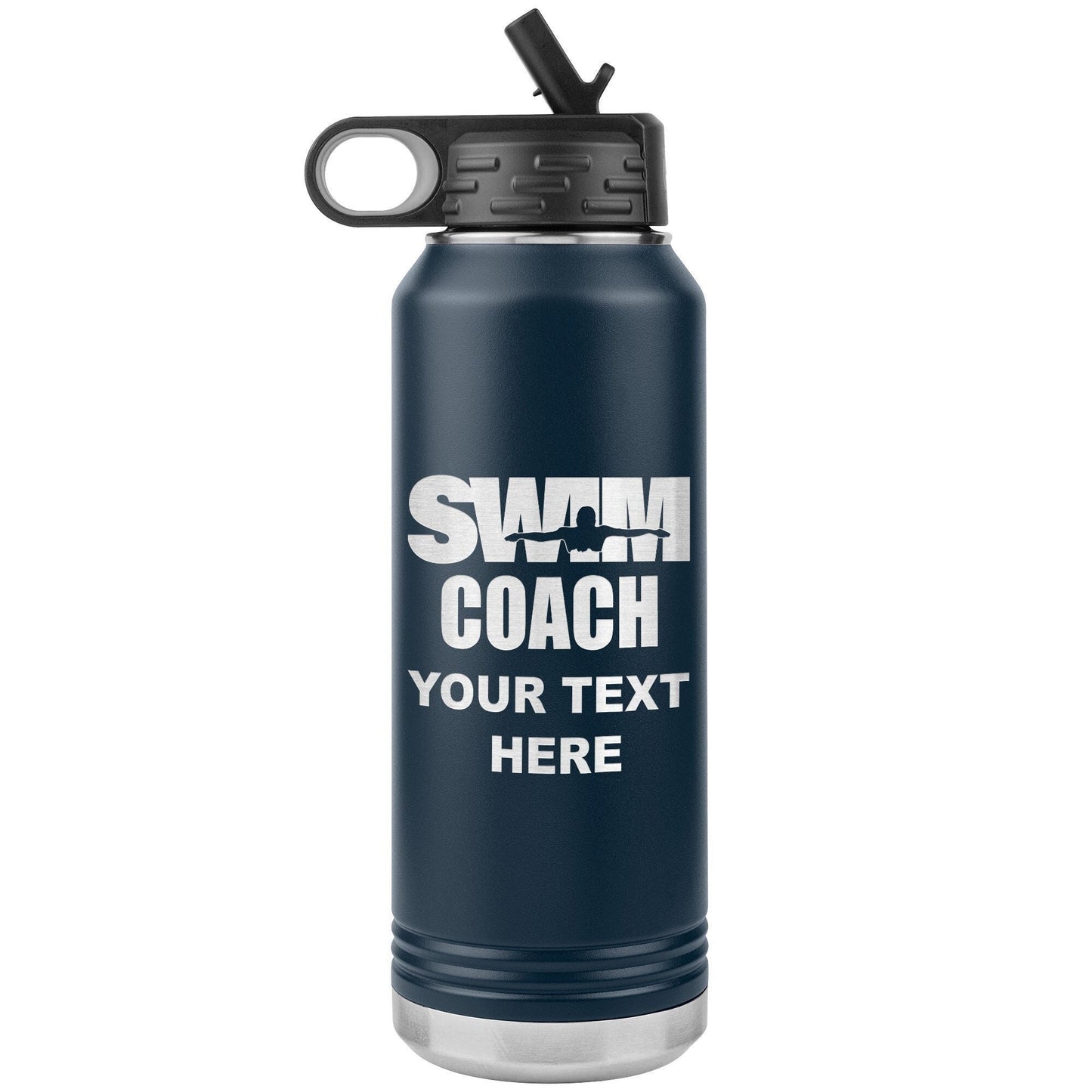 Personalized Swim Coach Water Bottle | Laser Etched Stainless Steel 32oz Insulated Tumbler with Flip Top Lid, Custom Name, Swim Coach Gift