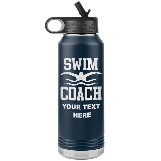 Personalized Swim Coach Water Bottle | Laser Etched Stainless Steel 32oz Insulated Tumbler with Flip Top Lid, Custom Name, Swim Coach Gift