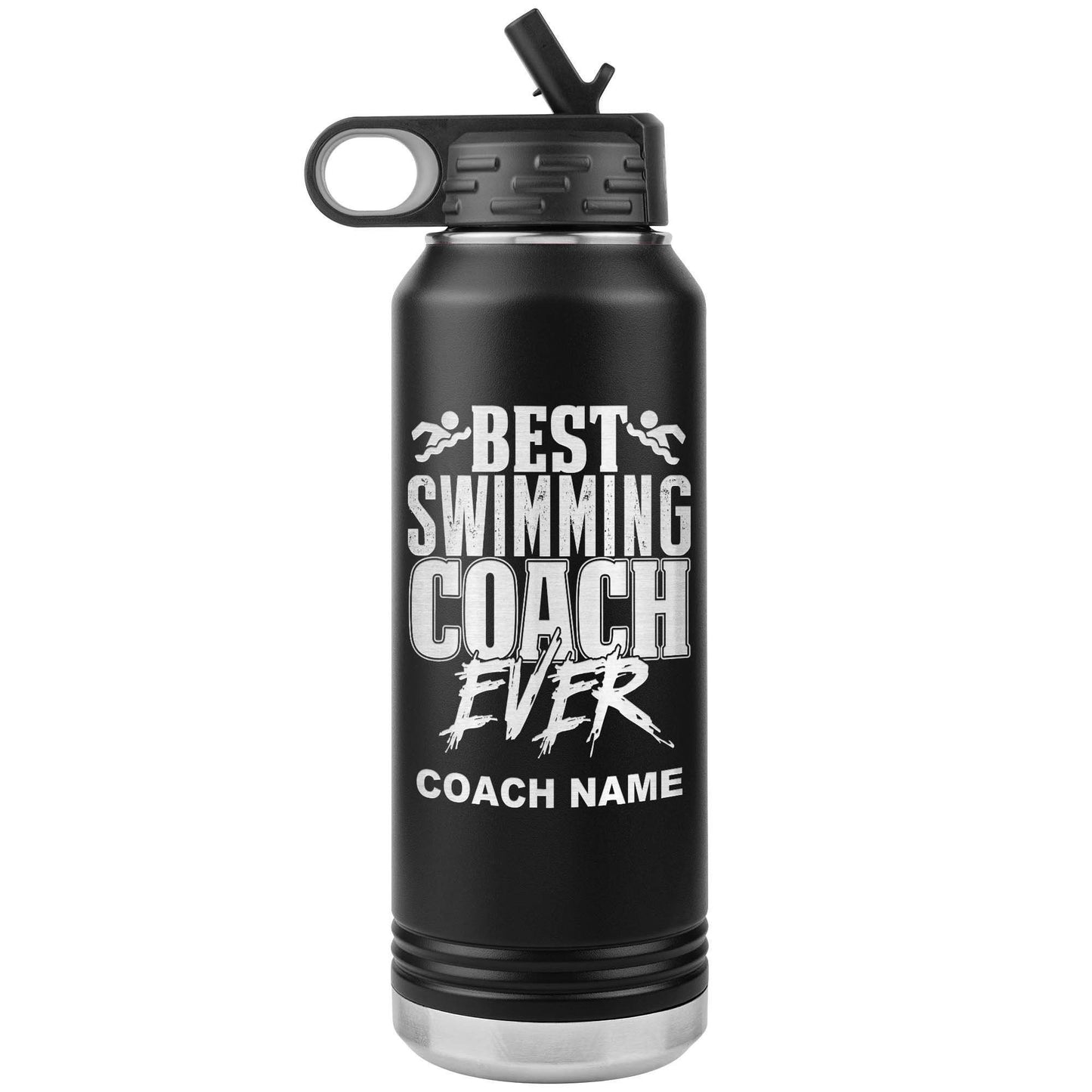 Personalized Swim Coach Water Bottle | Laser Etched Stainless Steel 32oz Insulated Tumbler with Flip Top Lid, Custom Name, Swim Coach Gift