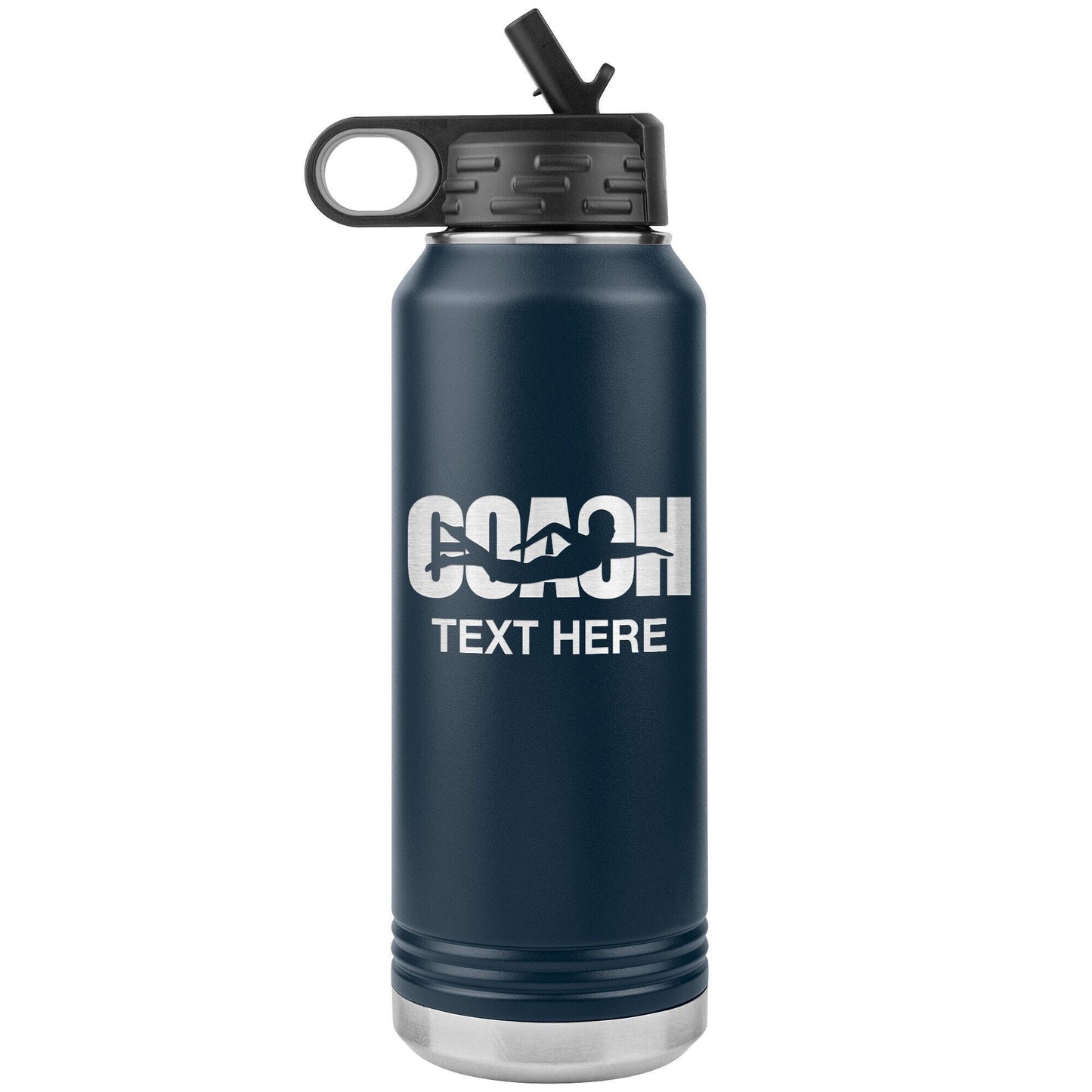 Personalized Swim Coach Water Bottle | Laser Etched Stainless Steel 32oz Insulated Tumbler with Flip Top Lid, Custom Name, Swim Coach Gift