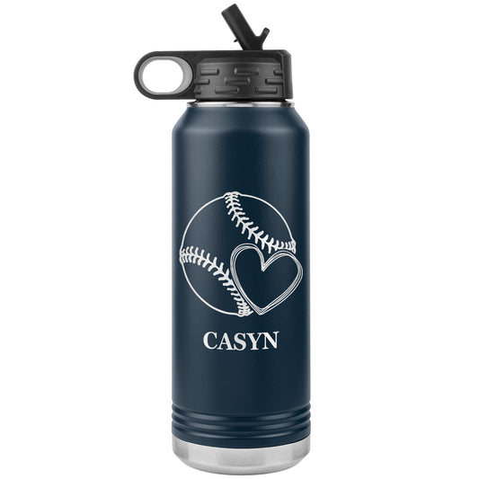 Custom Softball Water Bottle | Laser Etched Tumbler with Heart Design | 32oz Stainless Steel, Vacuum-Insulated, Gift for Coach & Player