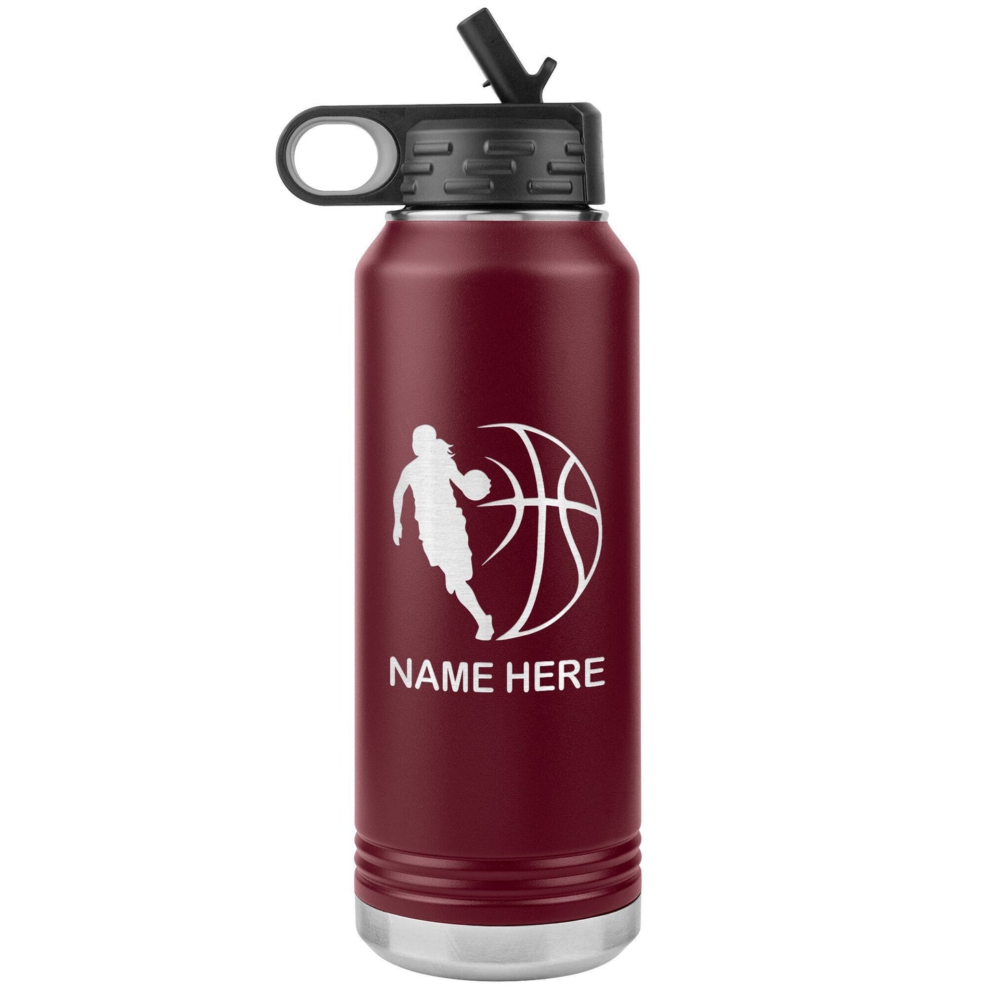 Personalized Basketball Water Bottle | Custom Laser Etched 32oz Stainless Steel Insulated Tumbler with Flip Lid & Straw