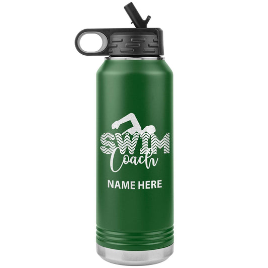 Personalized Swim Team Water Bottle | Laser Etched Stainless Steel 32oz Insulated Tumbler with Flip Top Lid, Custom Name, Swim Coach Gift