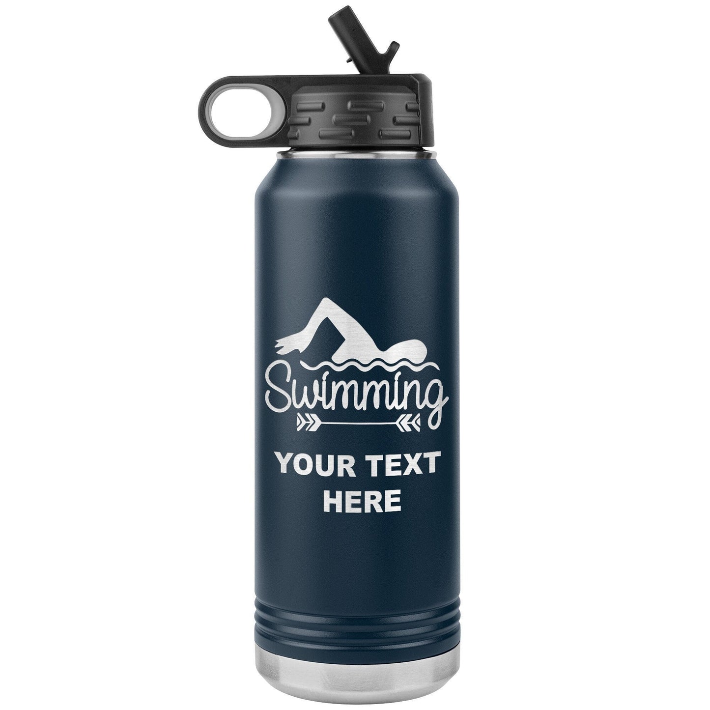 Personalized Swim Team Water Bottle | Laser Etched Stainless Steel 32oz Insulated Tumbler with Flip Top Lid, Custom Name, Swim Coach Gift