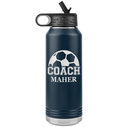 Custom Soccer Coach Water Bottle | Laser Etched 32oz Insulated Tumbler | Personalized Soccer Gift for Coaches & Teams