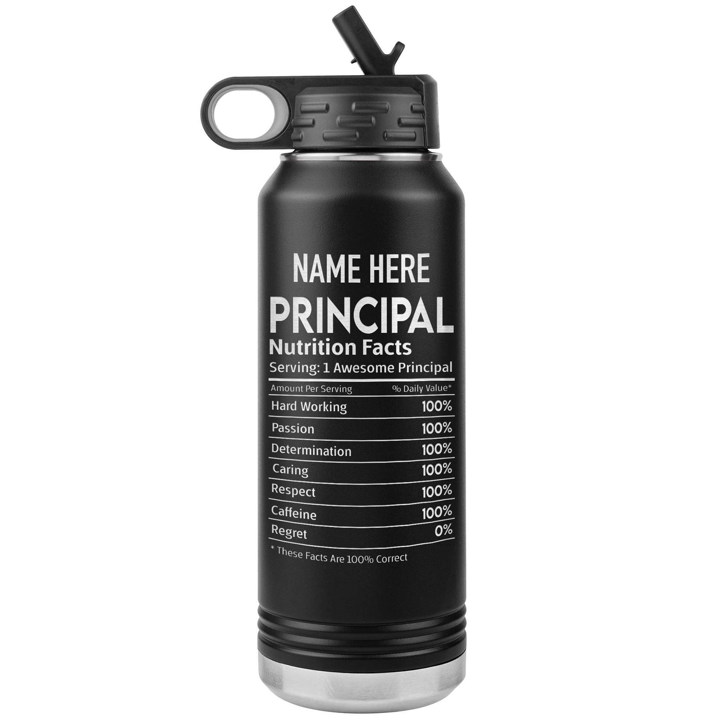 Personalized Principal Nutrition Facts Water Bottle: Laser Engraved Insulated Stainless Steel Cup