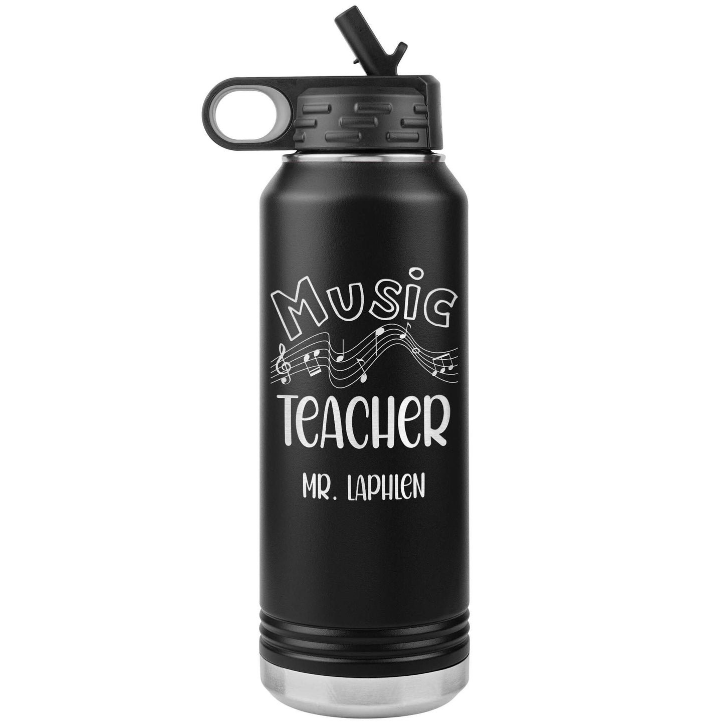 Personalized Music Teacher Water Bottle 32oz Stainless Steel Tumbler | Laser Engraved Gift for Teachers, Coaches, Music Notes, Custom Name
