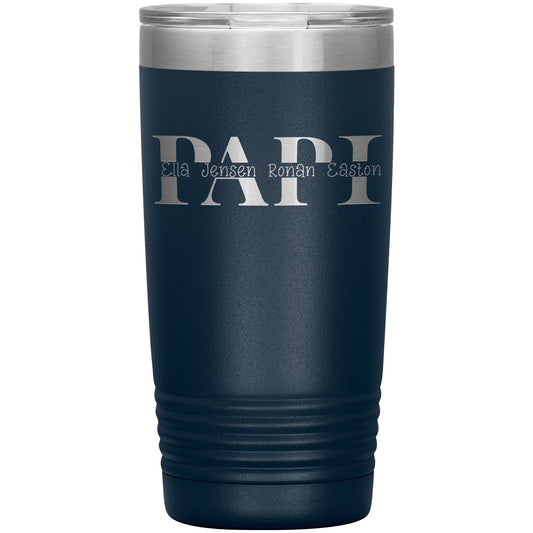 Personalized Papi Travel Tumbler | Laser Engraved Grandpa Gift | Insulated Stainless Steel Water Bottle with Names, Flip Lid, Straw, 20oz