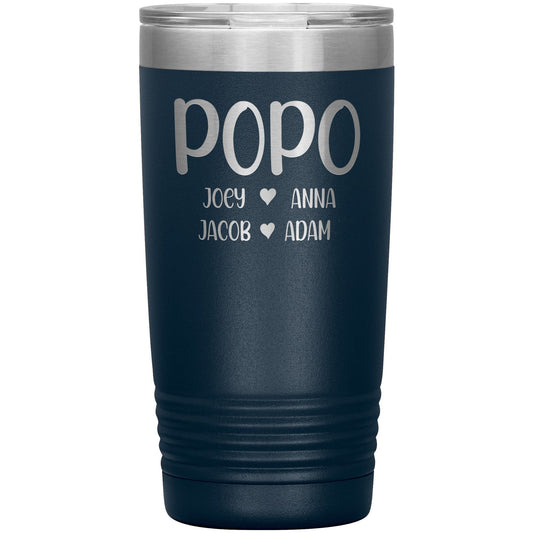 Popo With Grandkids Names Travel Tumbler, Father's Day Gift for Grandpa, Grandpa Coffee Tumbler, Laser Etched Grandpa Insulated Tumbler Gift