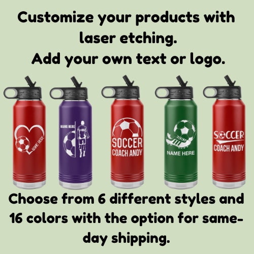 Custom Soccer Coach Water Bottle: Laser Etched Insulated Tumbler