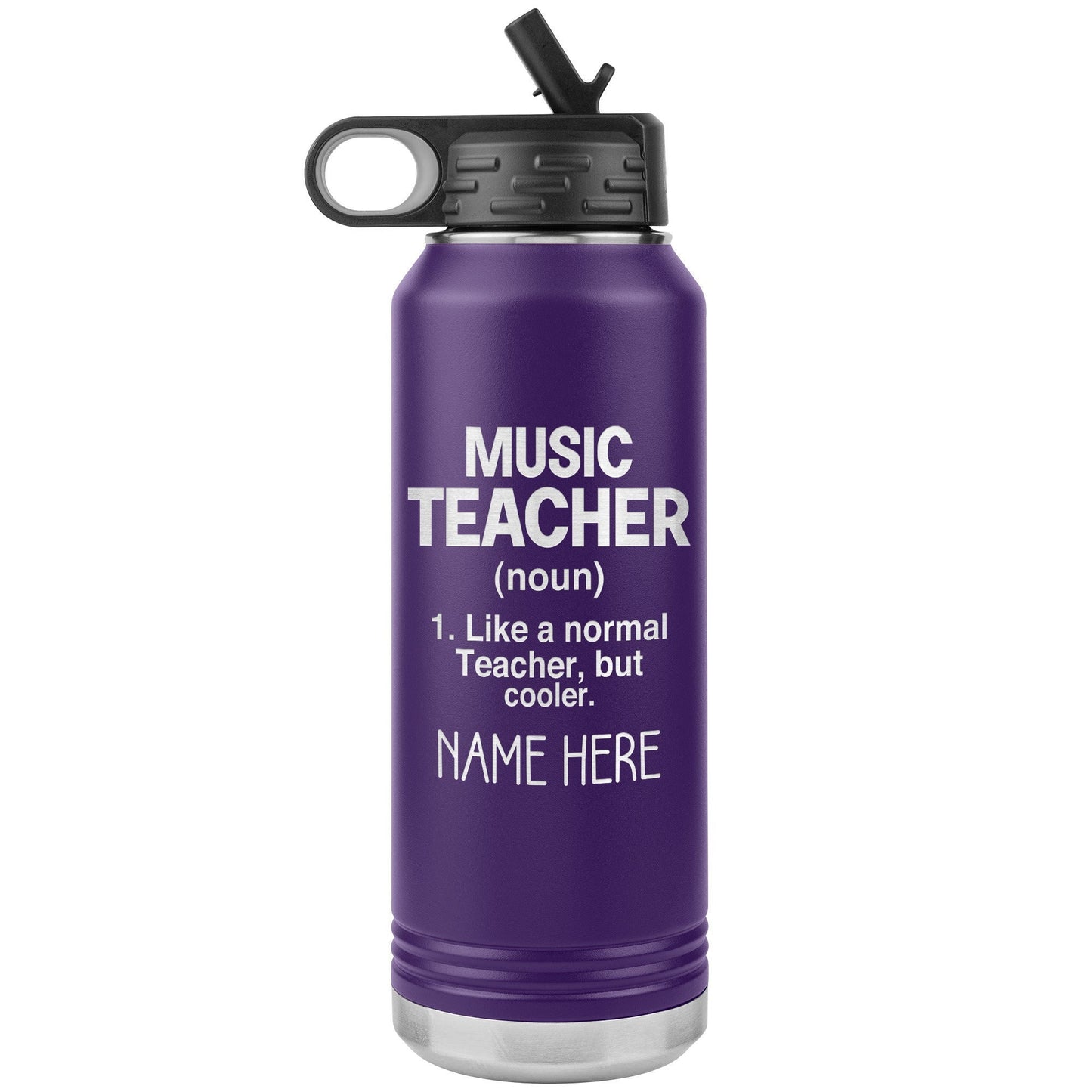 Custom Music Teacher Water Bottle 32oz Stainless Steel Insulated Tumbler with Laser Etched Name, Flip Top Lid, Gift for Teachers & Coaches