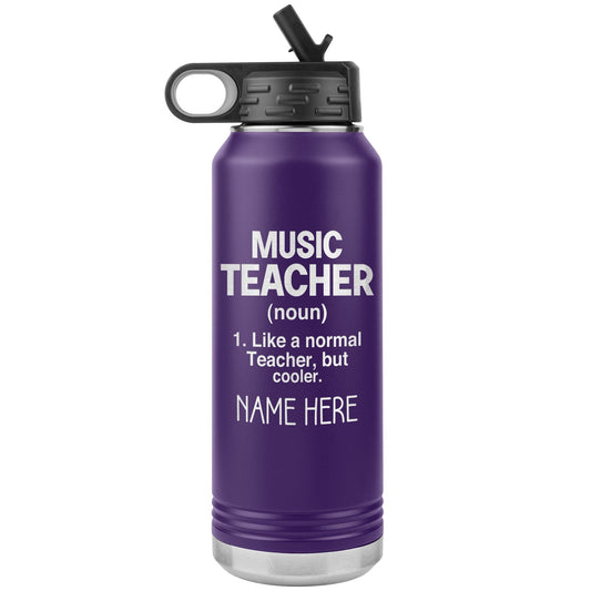 Custom Music Teacher Water Bottle 32oz Stainless Steel Insulated Tumbler with Laser Etched Name, Flip Top Lid, Gift for Teachers & Coaches