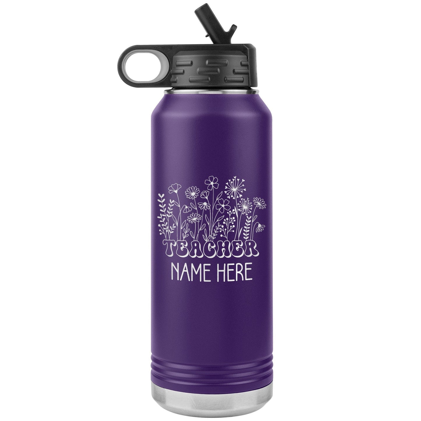 Personalized Teacher Water Bottle: Floral Engraved Stainless Steel Tumbler