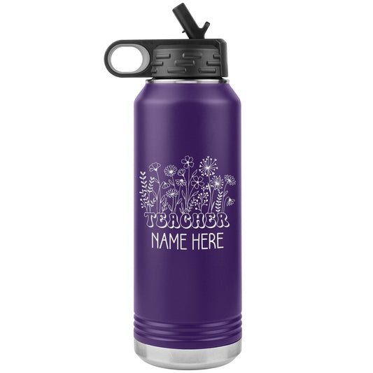 Personalized Teacher Water Bottle: Floral Engraved Stainless Steel Tumbler