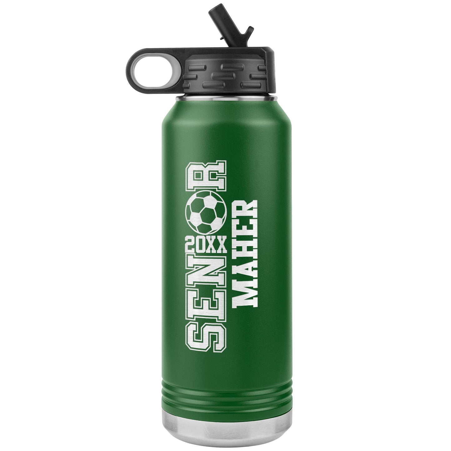 Custom Soccer Water Bottle | Laser Etched Insulated 32oz Stainless Steel Bottle, Team Gift, Personalized Name & Number, Soccer Player Gift