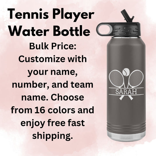 Custom Laser Etched Tennis Team Water Bottle: Personalized Athlete Gift
