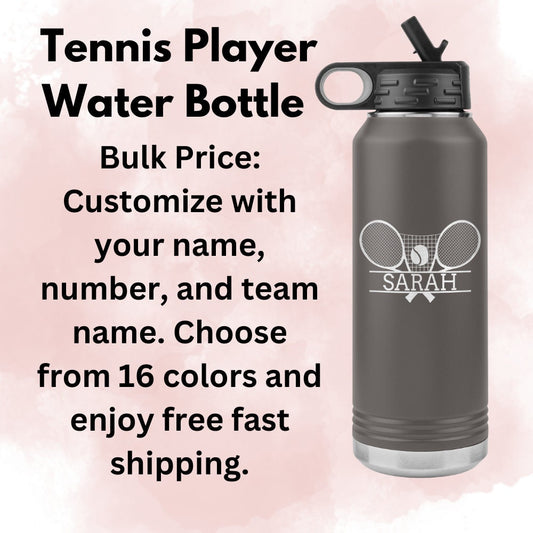 Custom Laser Etched Tennis Team Water Bottle: 32oz Insulated Tumbler