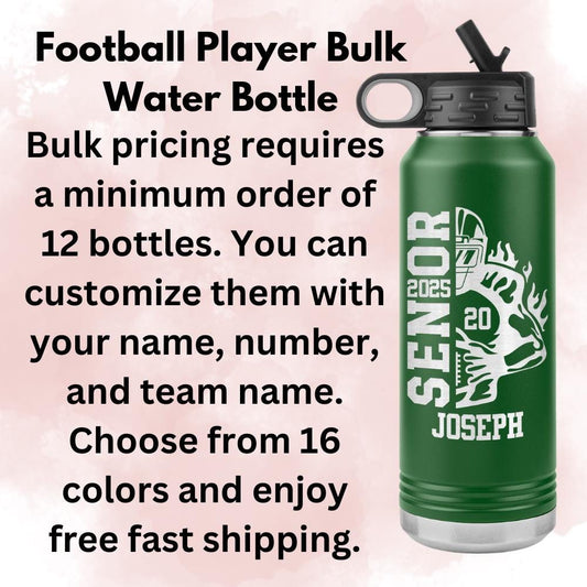 Custom Football Player Water Bottle: Laser Etched Tumbler, Gift for Coaches