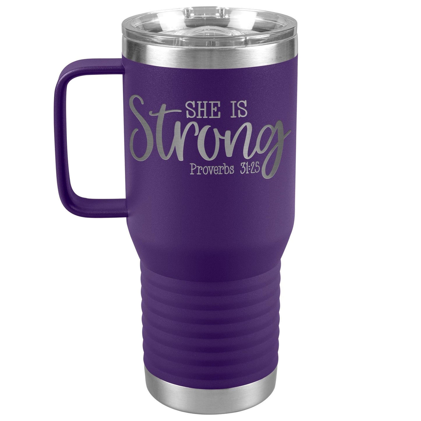 She Is Strong Proverbs 31:25 Travel Mug - Kristien Bible Verse Tumbler Gift - Scripture Coffee Mug - Positive Coffee Mug - Laser Etched Mug