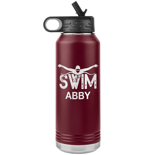 Personalized Swim Coach Water Bottle | Laser Etched Stainless Steel 32oz Insulated Tumbler with Flip Top Lid, Custom Name, Swim Coach Gift