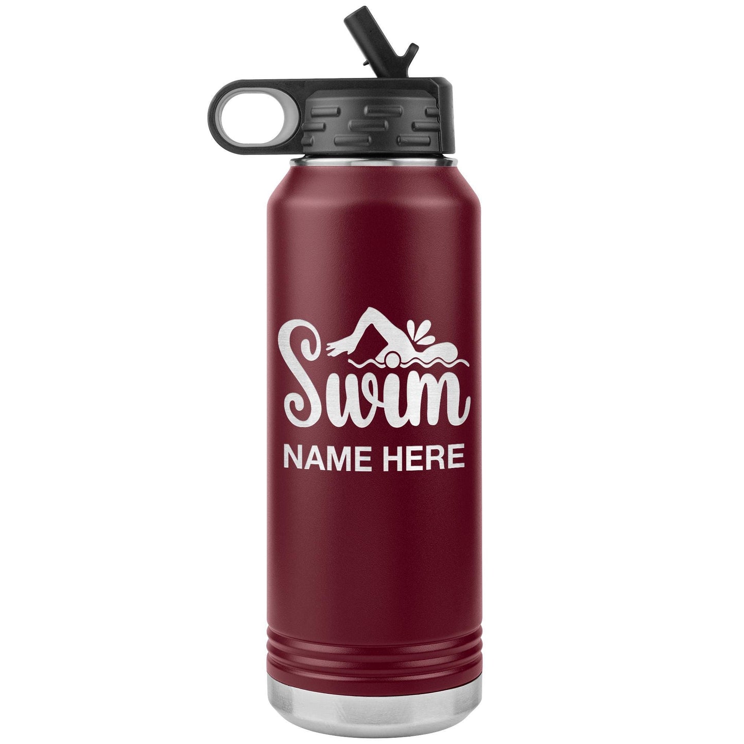 Personalized Swim Coach Water Bottle | Laser Etched Stainless Steel 32oz Insulated Tumbler with Flip Top Lid, Custom Name, Swim Coach Gift