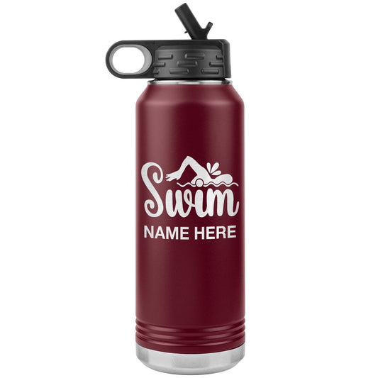 Personalized Swim Coach Water Bottle | Laser Etched Stainless Steel 32oz Insulated Tumbler with Flip Top Lid, Custom Name, Swim Coach Gift