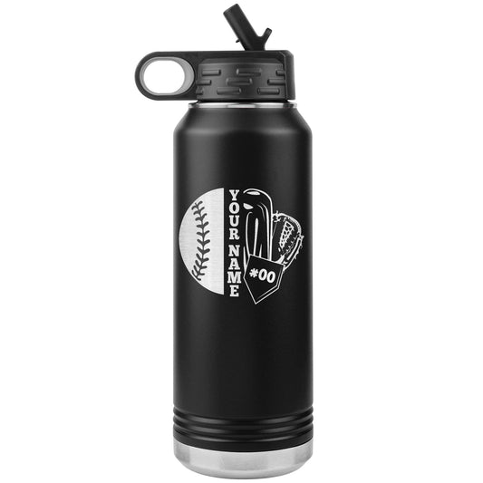 Custom Baseball Player Water Bottle | Laser Etched Insulated Tumbler 32oz Stainless Steel, Personalized Gift for Coaches, Athletes, Fans