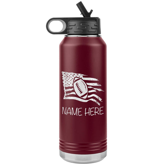 Personalized Flag Football Water Bottle | Laser Engraved Insulated Tumbler | 32 oz Custom Name Water Bottle for Football Players & Coaches