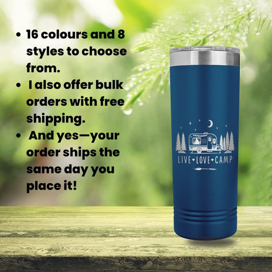 Personalized Camping Tumbler: 22oz Stainless Steel, Laser Engraved