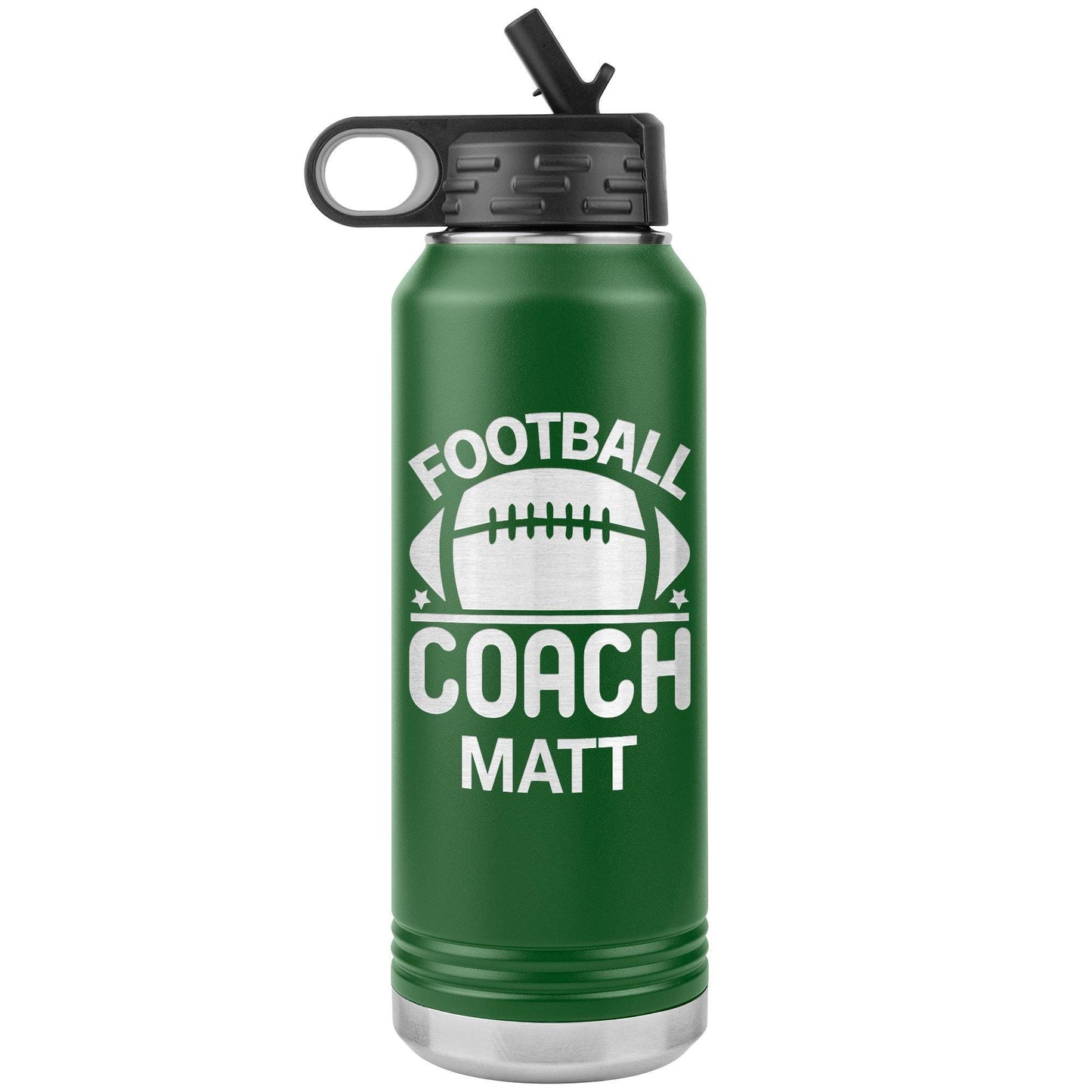 Personalized Football Coach Water Bottle | Laser Etched Insulated Tumbler with Removable Flip Lid & Straw, Custom Name Gift for Coach