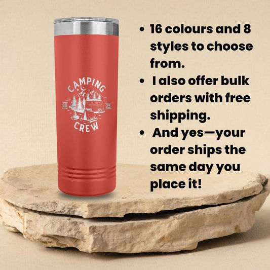 Personalized Camping Tumbler: 22oz Stainless Steel, Laser Engraved