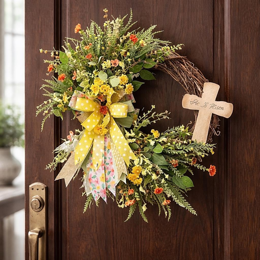 Easter Door Wreath | Religious Cross Grapevine Wreath | Yellow Floral Front Door Decor | Spring Flower Arrangement | He Is Risen Gift