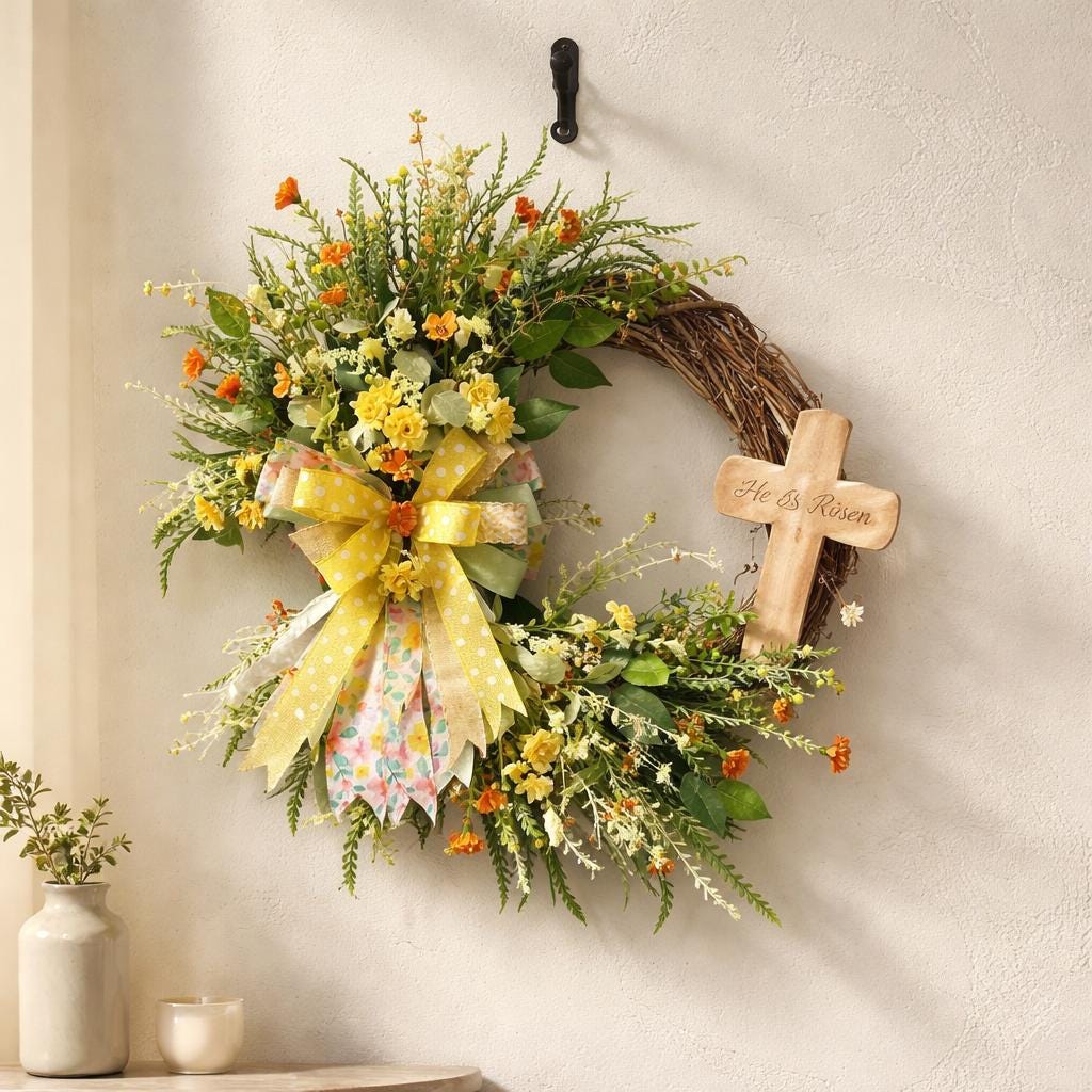 Easter Door Wreath | Religious Cross Grapevine Wreath | Yellow Floral Front Door Decor | Spring Flower Arrangement | He Is Risen Gift