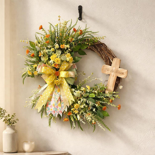 Easter Door Wreath | Religious Cross Grapevine Wreath | Yellow Floral Front Door Decor | Spring Flower Arrangement | He Is Risen Gift