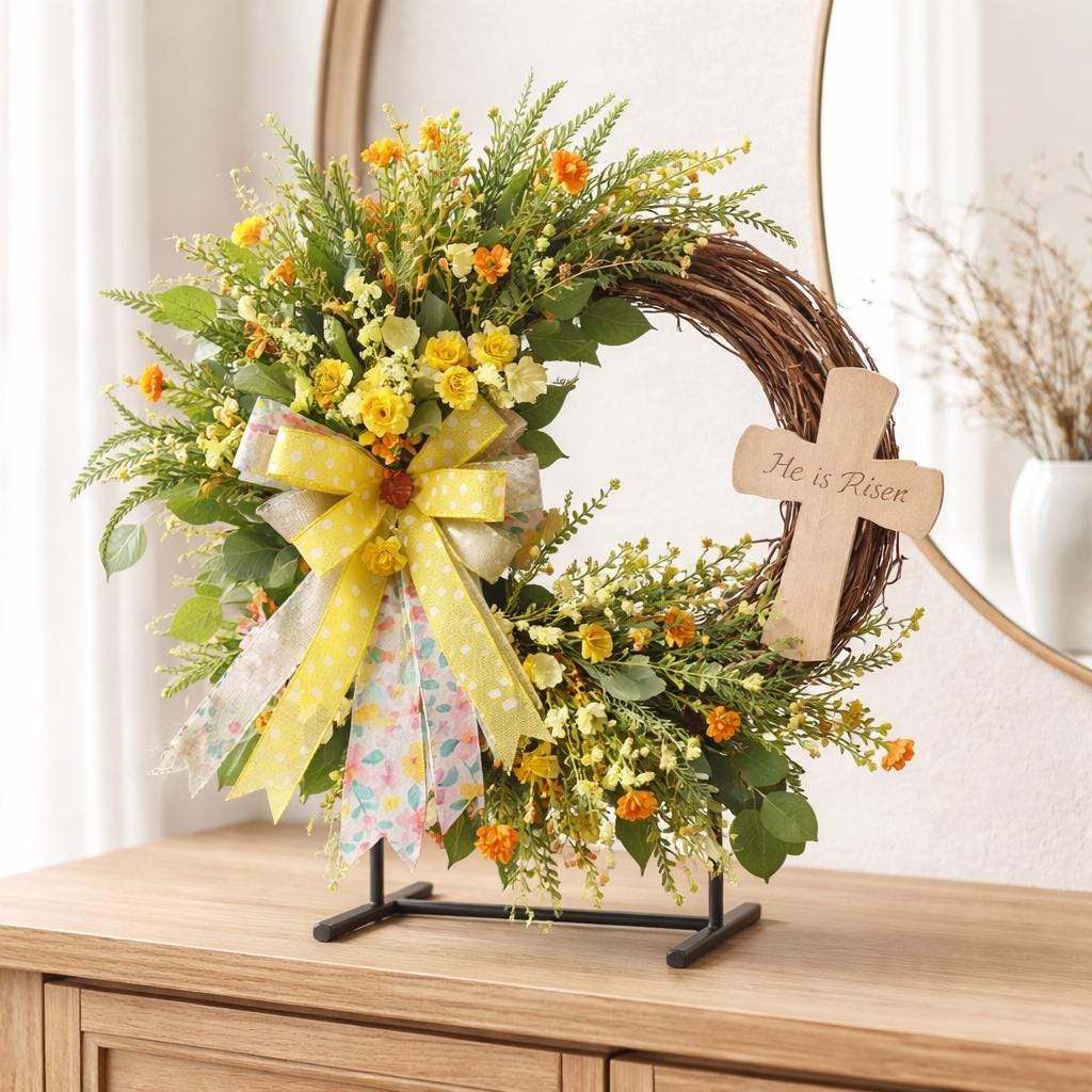 Easter Door Wreath | Religious Cross Grapevine Wreath | Yellow Floral Front Door Decor | Spring Flower Arrangement | He Is Risen Gift