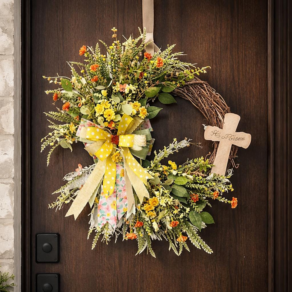 Easter Door Wreath | Religious Cross Grapevine Wreath | Yellow Floral Front Door Decor | Spring Flower Arrangement | He Is Risen Gift