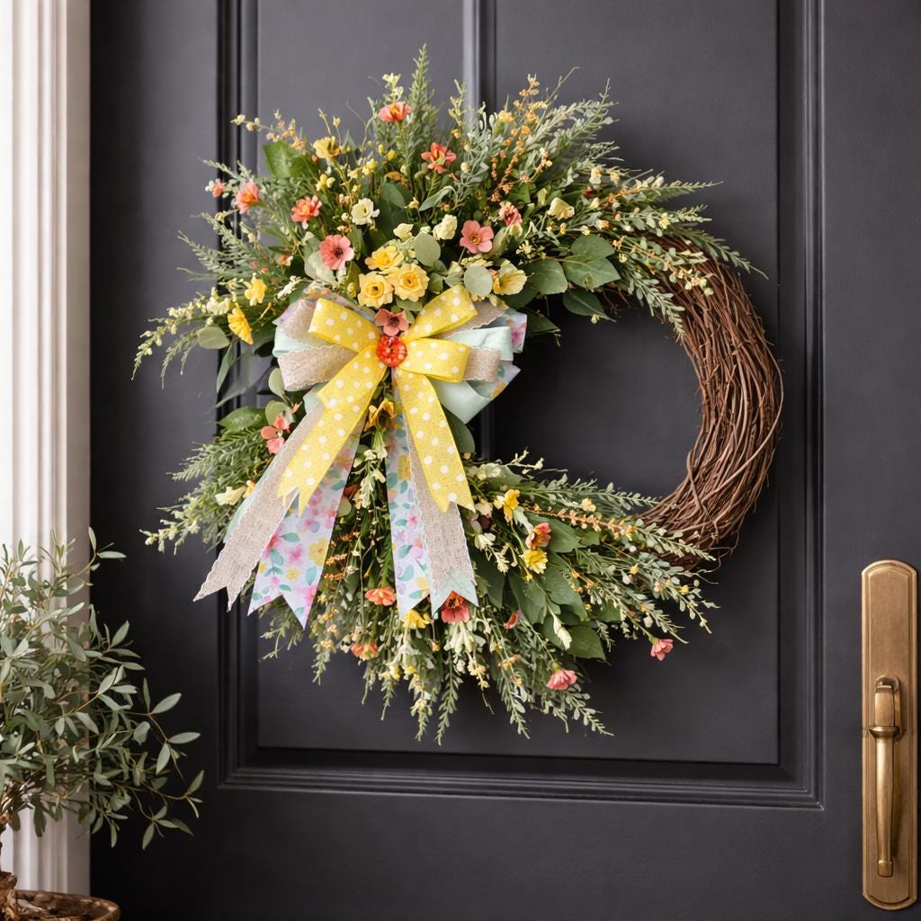 Easter Door Wreath | Religious Cross Grapevine Wreath | Yellow Floral Front Door Decor | Spring Flower Arrangement | He Is Risen Gift