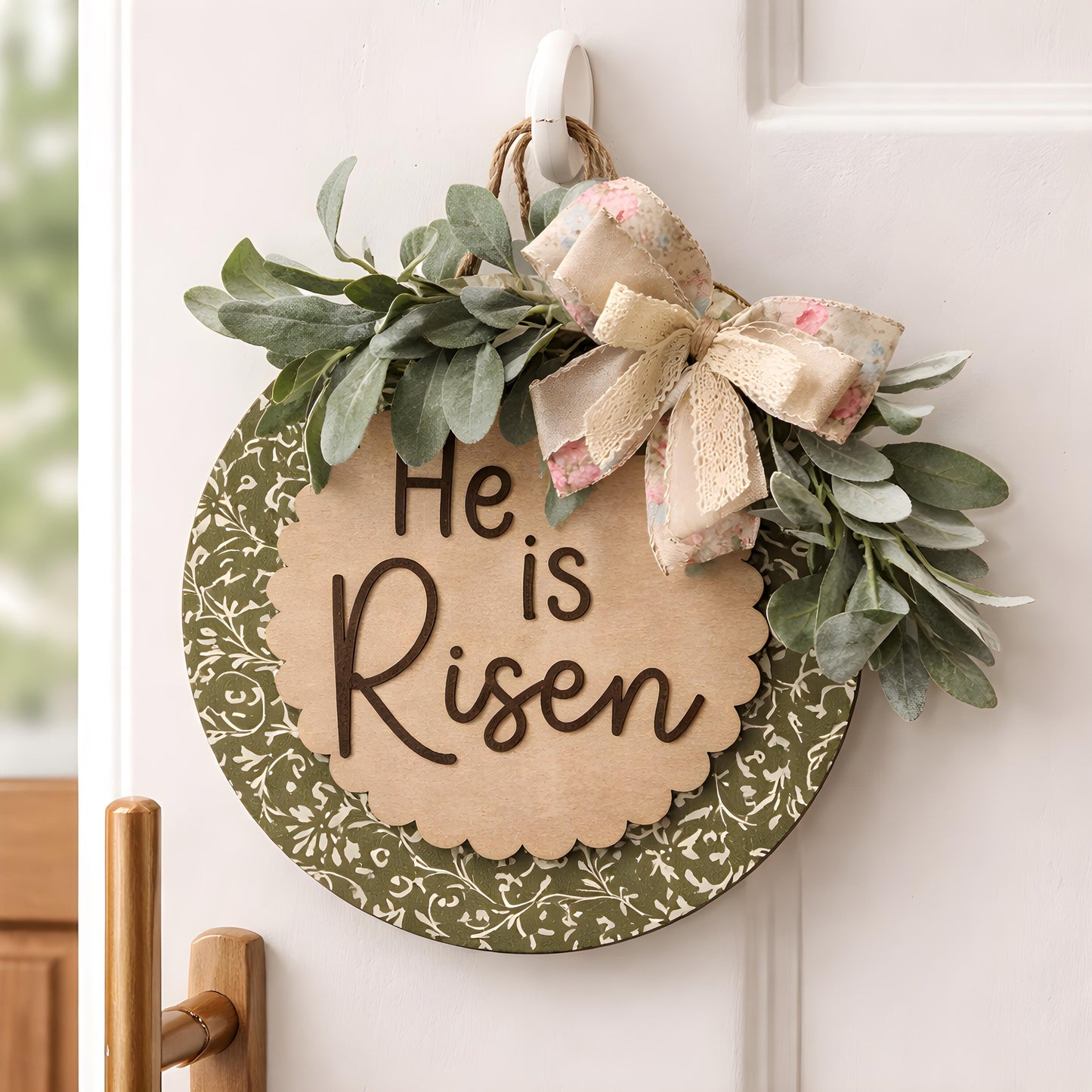 Easter Door Wreath|Laser Cut Wooden Easter Wreath|Front Door Easter Wreath|Floral Bow Wreath|Beautiful Front Door Wreath|He Is Risen Decor